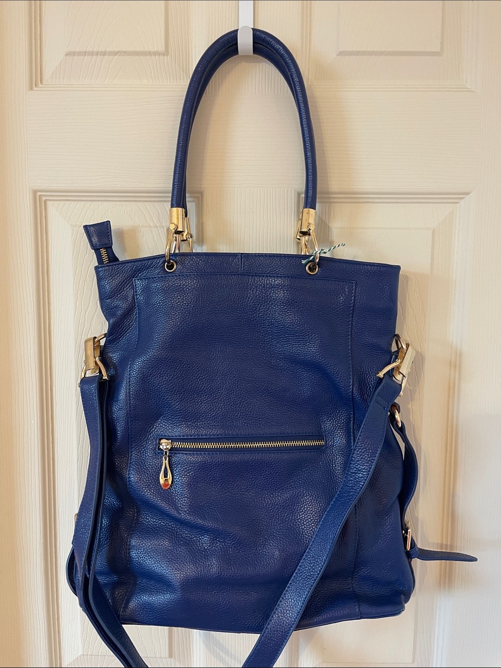 Classic Navy Leather Tote with Gold Accents